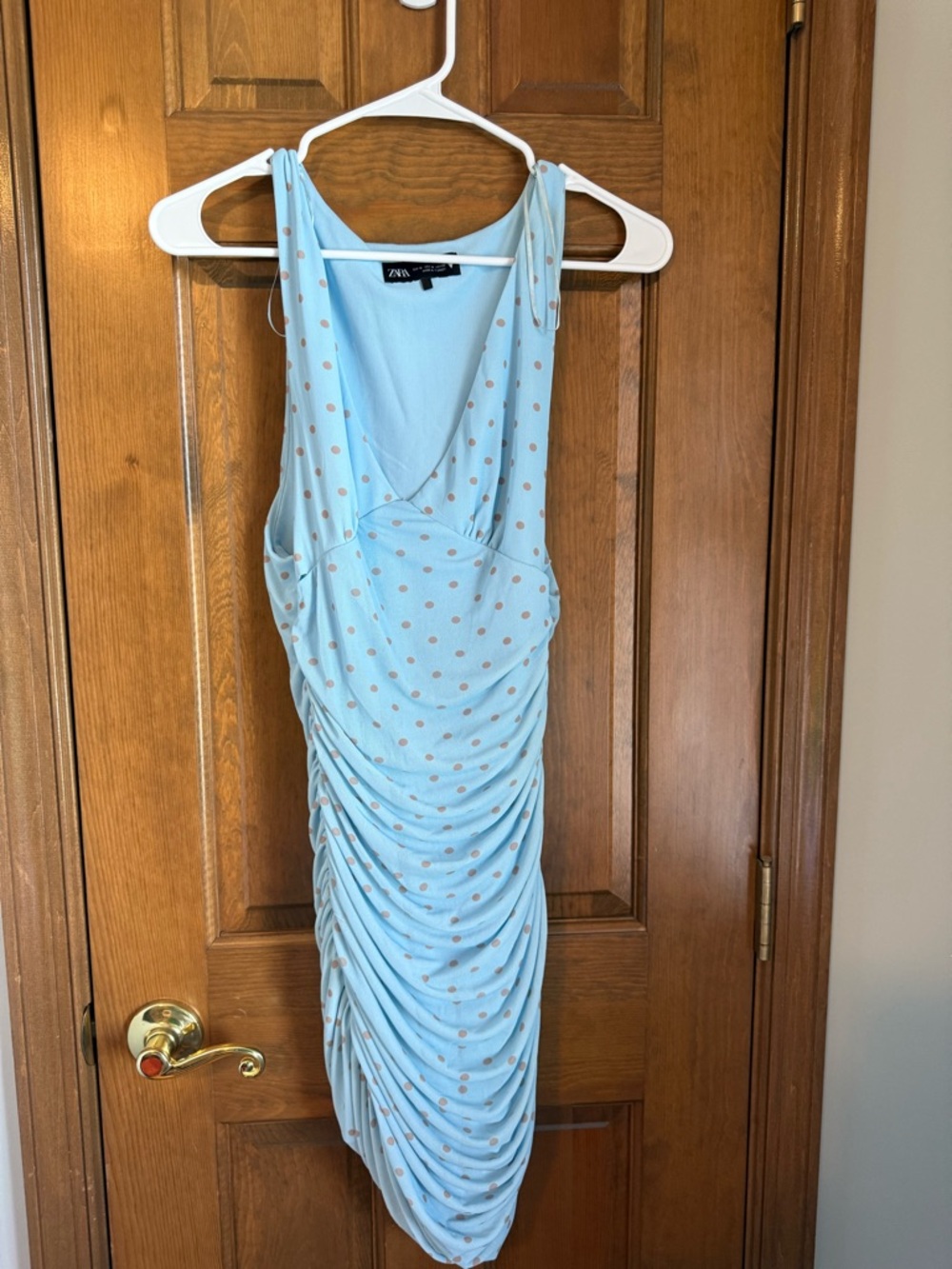 Zara Pale Blue Polka Dot Ruched Midi Dress